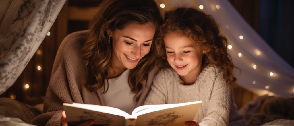 Mother and daughter enjoying a bedtime story under a cozy blanket fort, illuminated by warm fairy lights, creating a heartwarming and intimate moment.